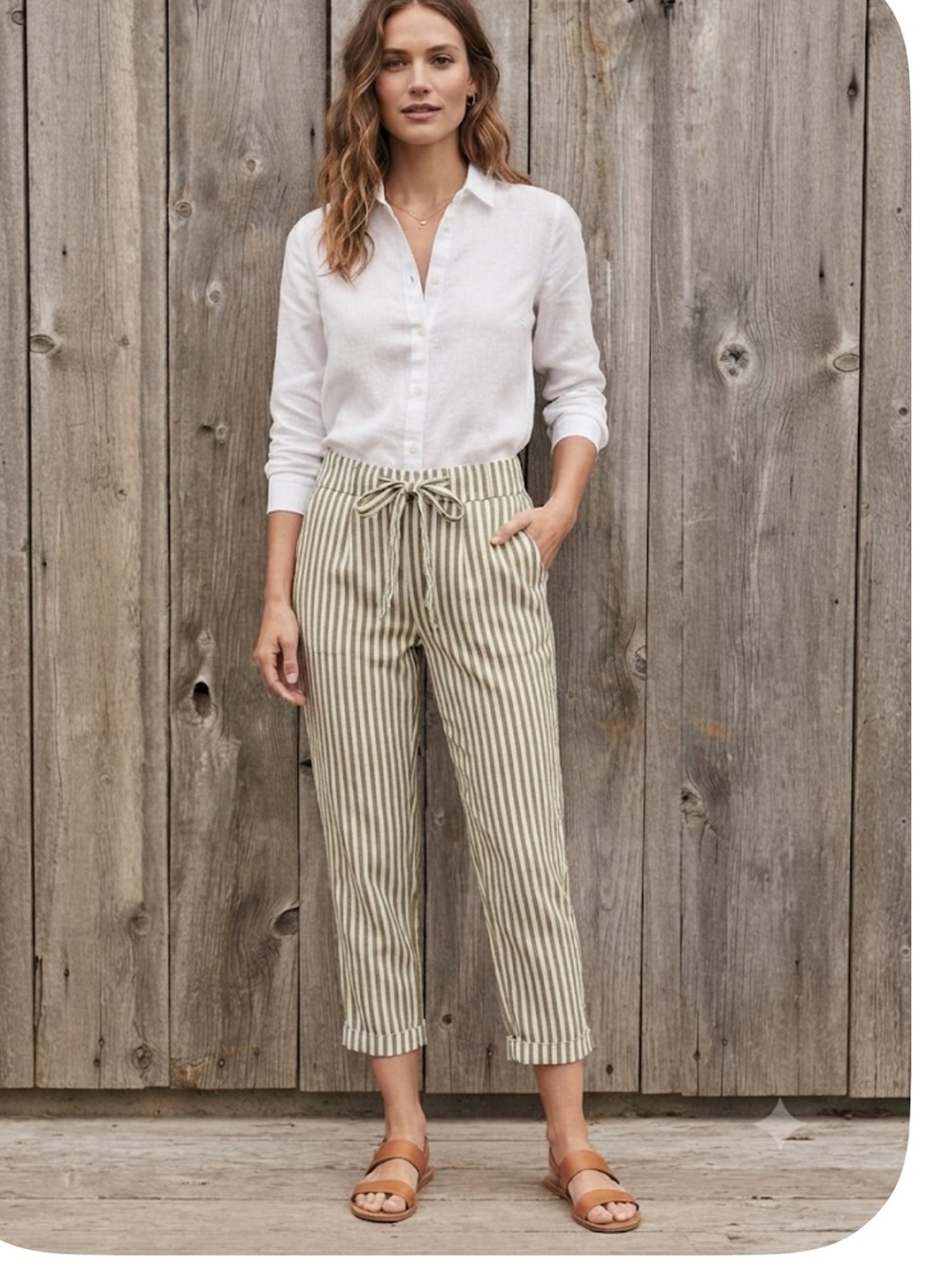 Zara Olive & Cream Striped Drawstring Crop Pants size Small